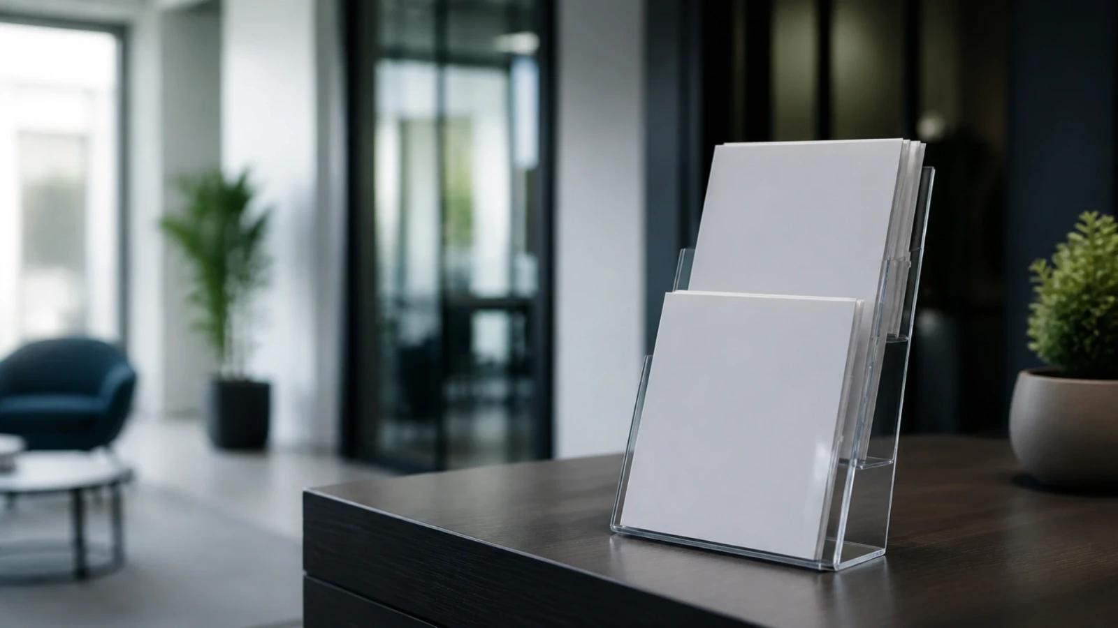 Présentoir de brochures dans l’agence d’un courtier, mobilier sobre