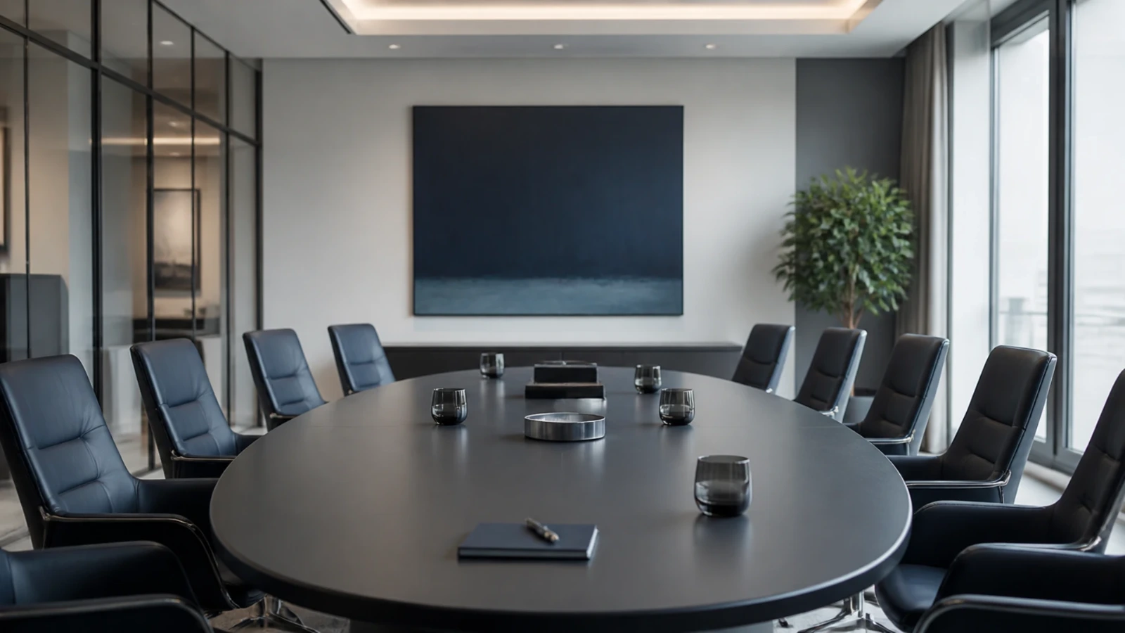 Salle de comité de direction vide, chaises disposées de part et d’autre d’une table ovale