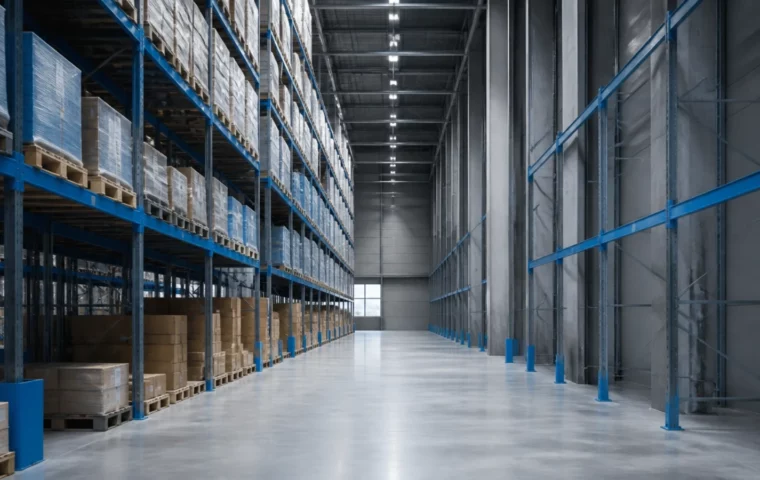 Deux allées d’un entrepôt logistique, l’une équipée de rayonnages, l’autre encore vide