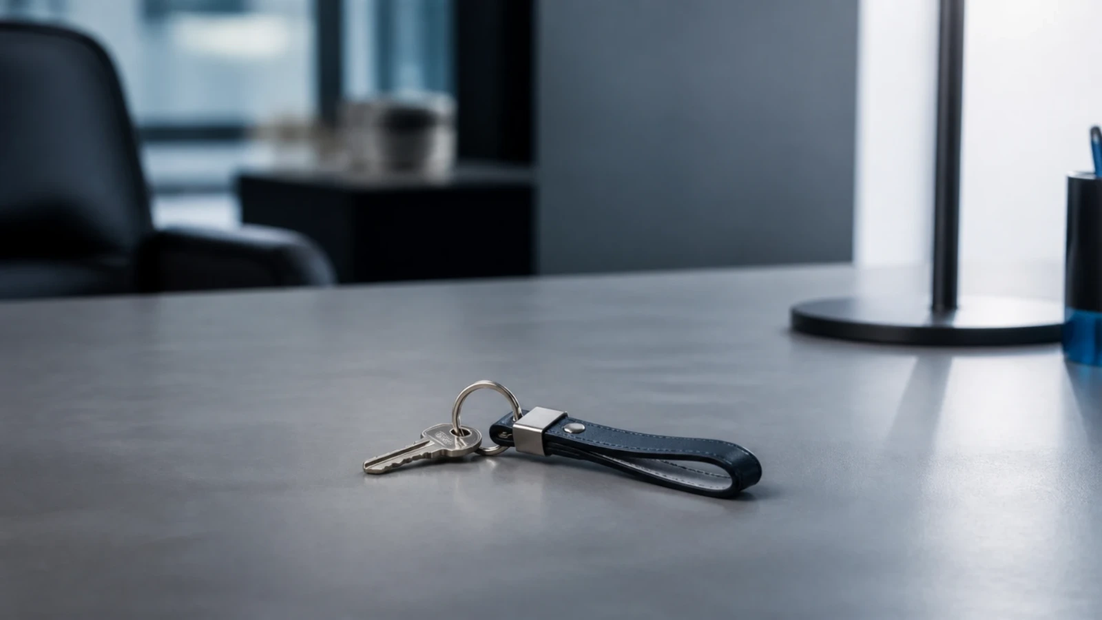 Porte-clés unique posé au centre d’un plan de travail vide