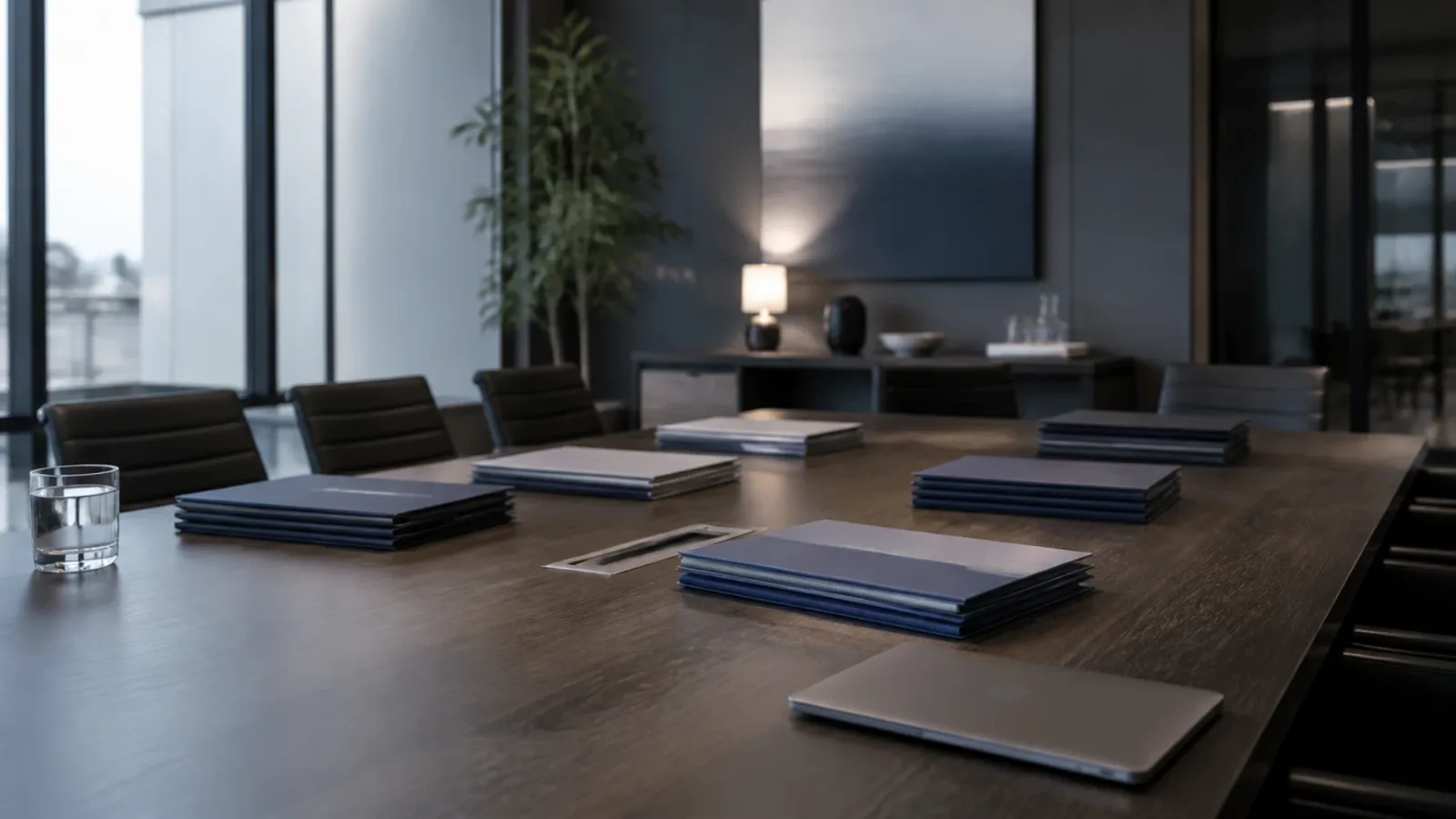 Chemises cartonnées réparties en piles thématiques sur une table de réunion, préparation des pièces avant une data room