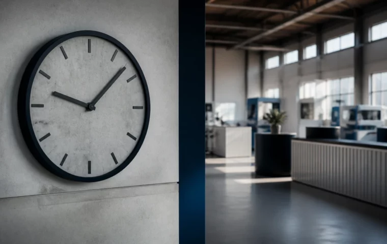 Horloge murale industrielle dans un hall d’usine propre, lumière naturelle rasante