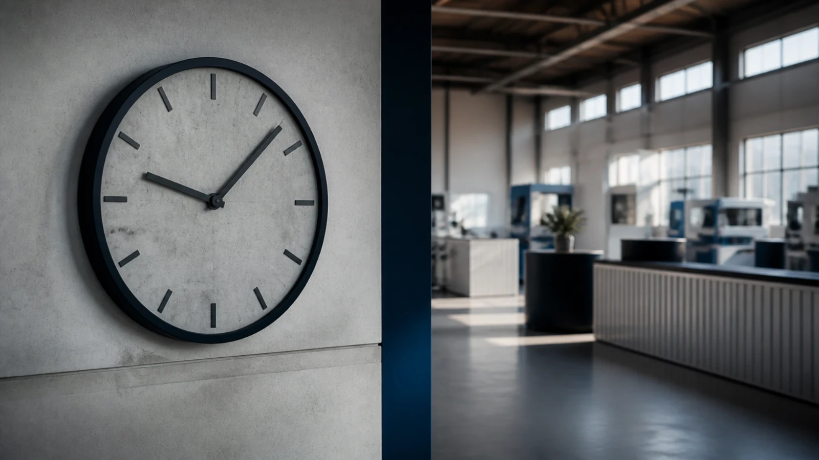 Horloge murale industrielle dans un hall d’usine propre, lumière naturelle rasante