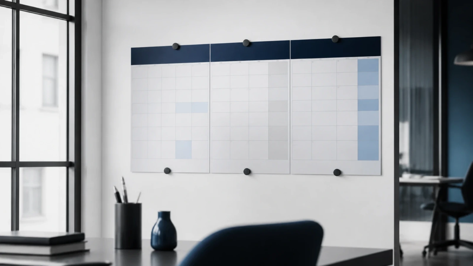 Calendrier mural ouvert sur plusieurs mois, épinglé au-dessus d’un plan de travail sobre