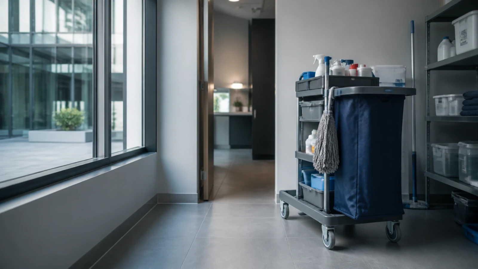 Chariot de nettoyage professionnel rangé dans le local technique d’un immeuble de bureaux