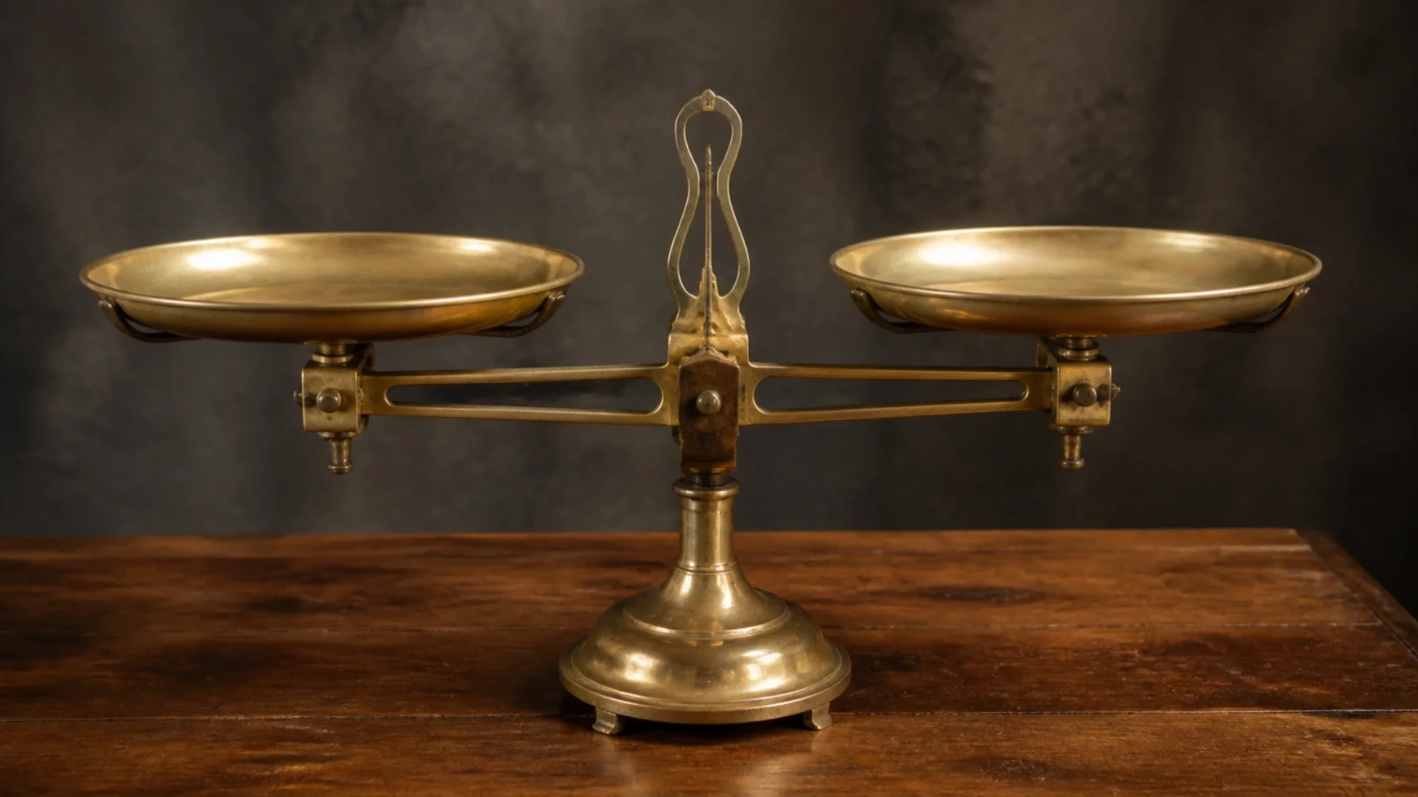 Balance de Roberval ancienne en laiton posée sur une table en bois, plateaux vides