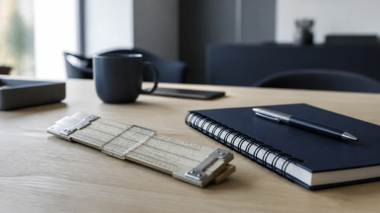 Règle de calcul ancienne et carnet à spirale posés sur une table en chêne clair