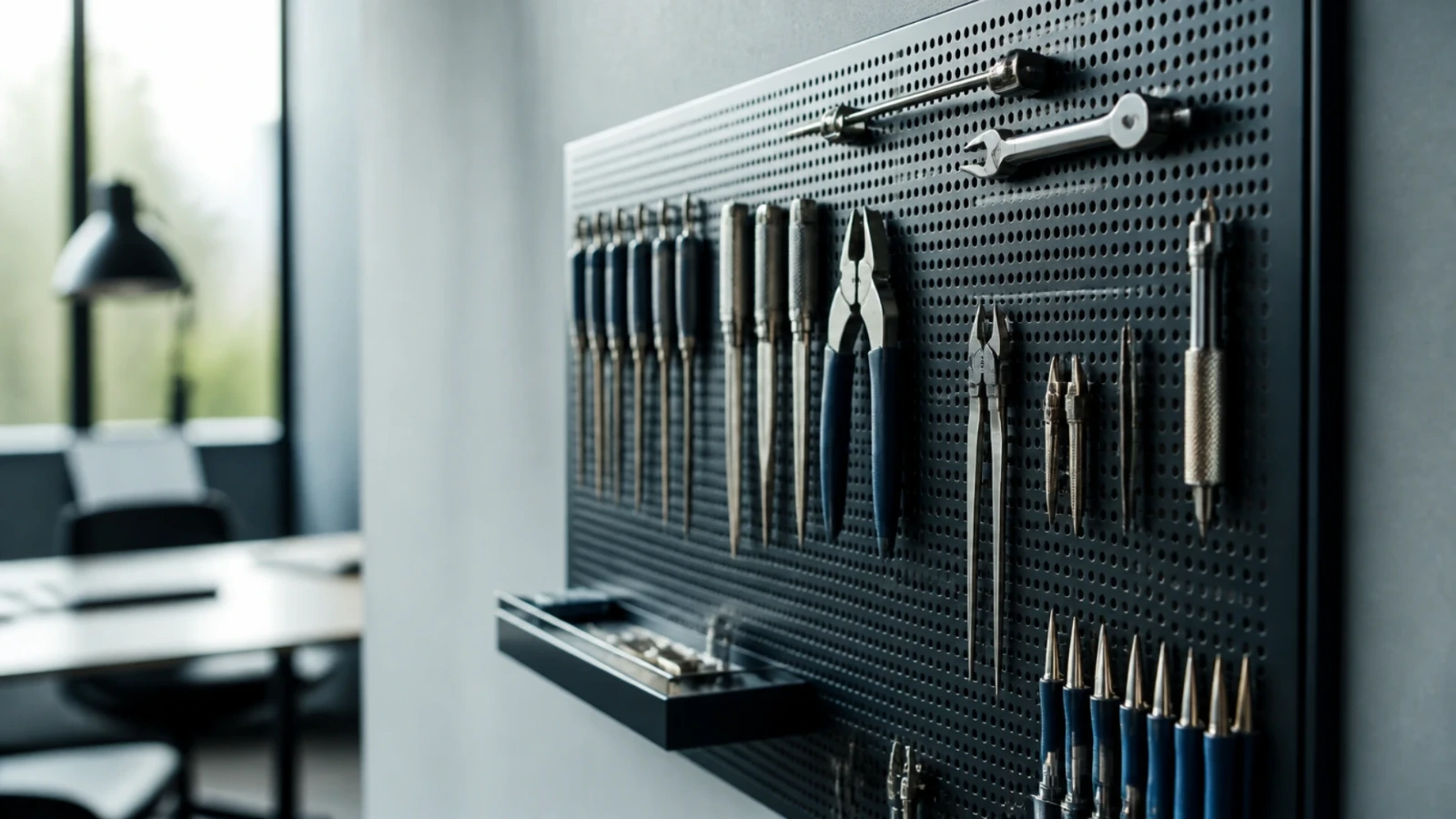 Panneau de rangement mural avec des outils de précision suspendus