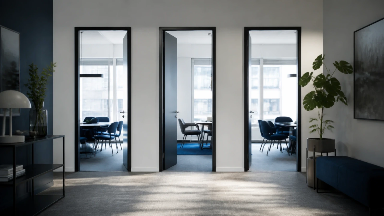 Trois portes de bureau alignées dans un couloir clair
