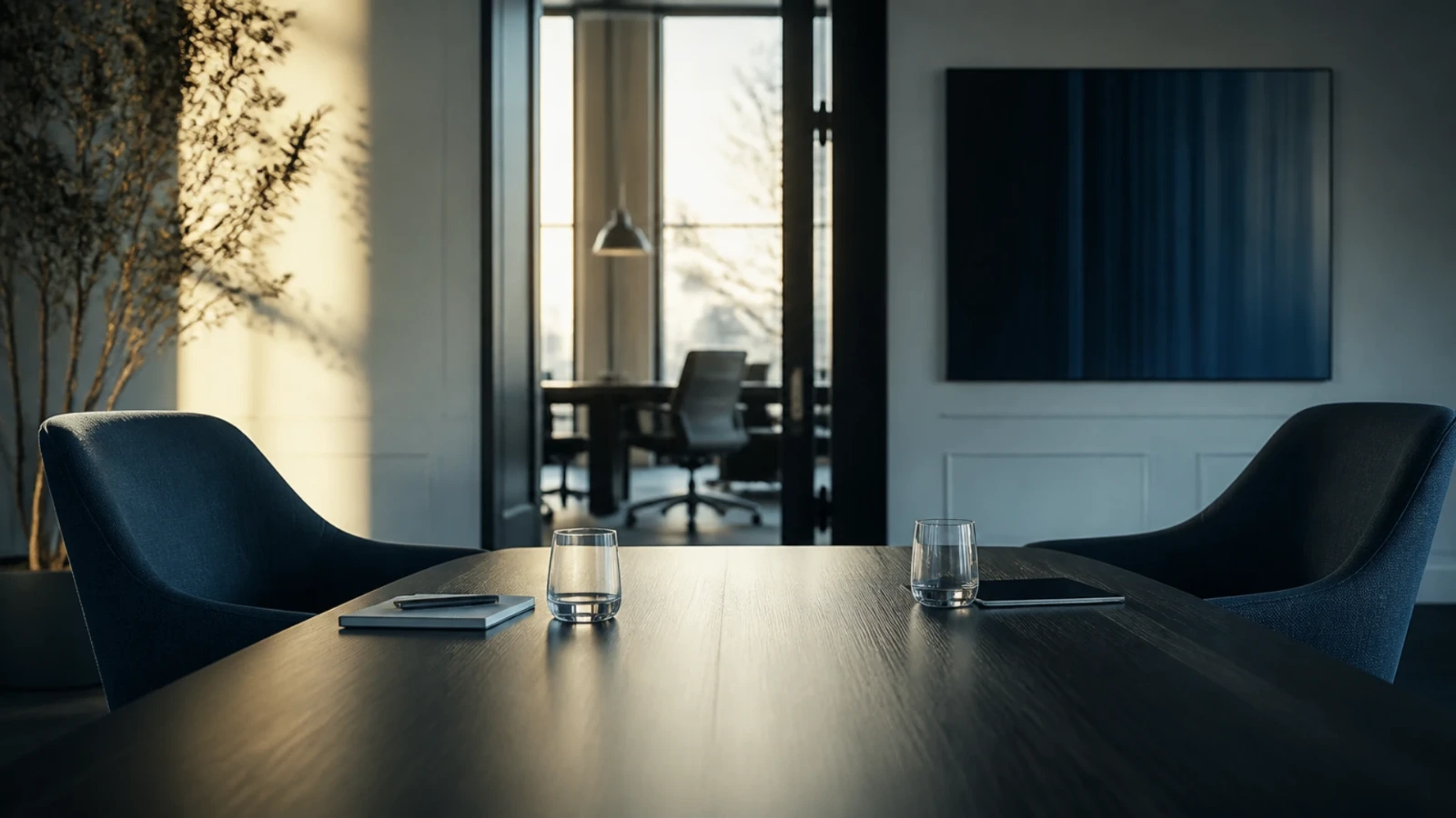 Deux fauteuils se faisant face de part et d’autre d’une table de réunion vide en fin de séance
