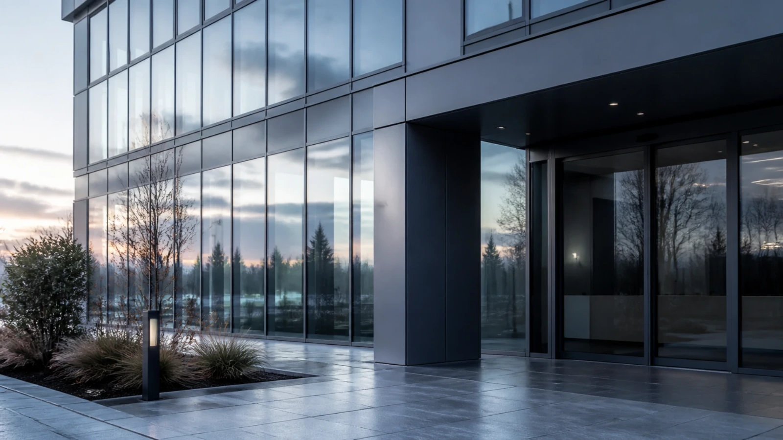 Façade vitrée d’un petit immeuble de bureaux au petit matin, reflets du ciel dans les vitrages