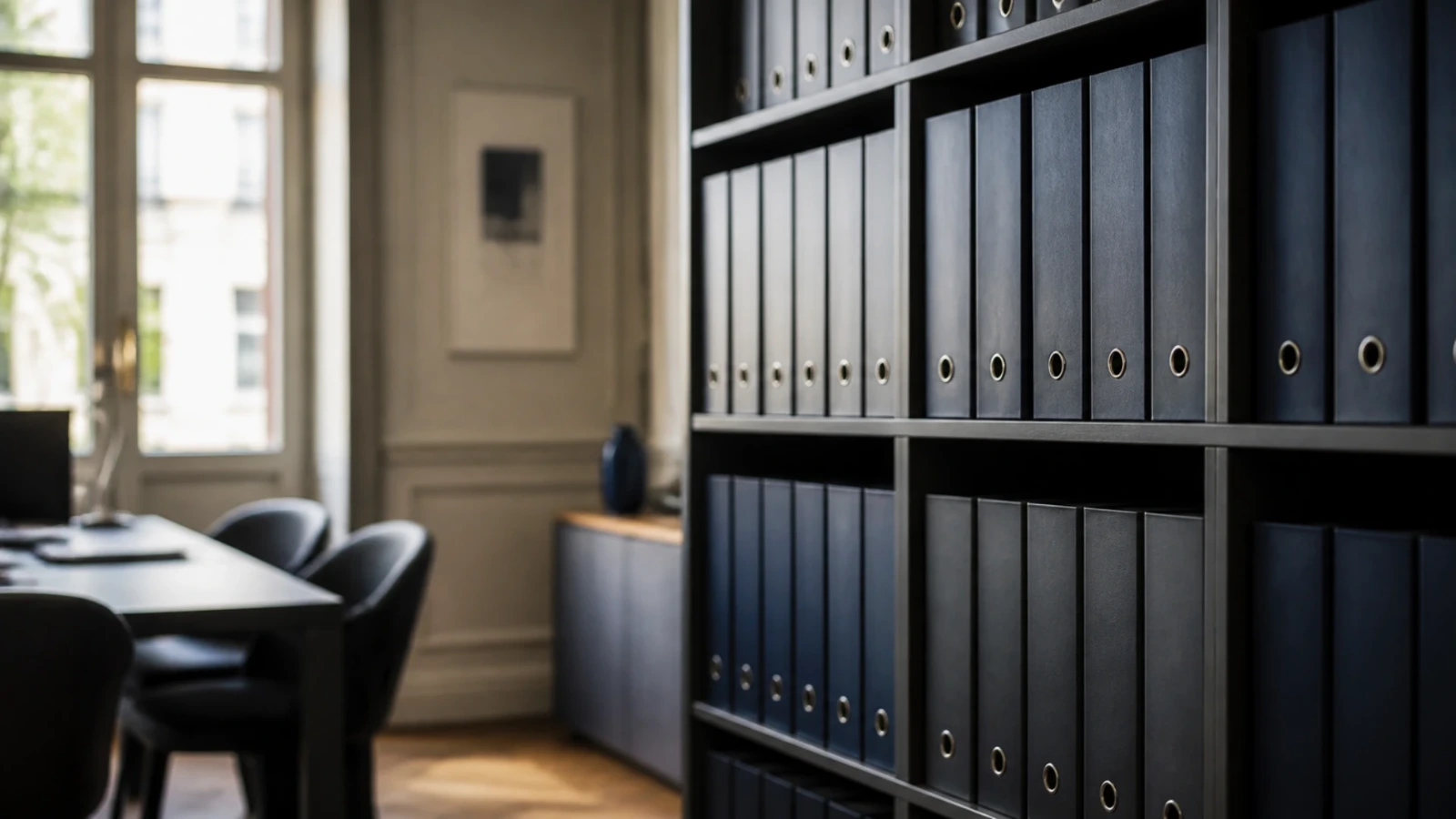 Bibliothèque de classeurs à dos unis alignés dans un cabinet