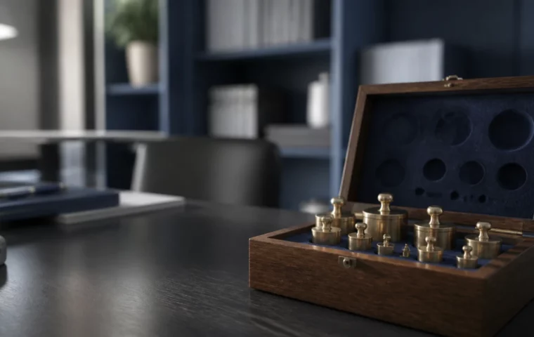 Jeu de poids de balance en laiton rangés dans leur coffret de bois