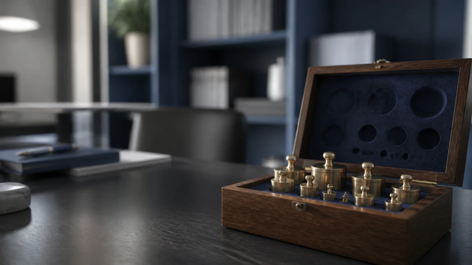 Jeu de poids de balance en laiton rangés dans leur coffret de bois