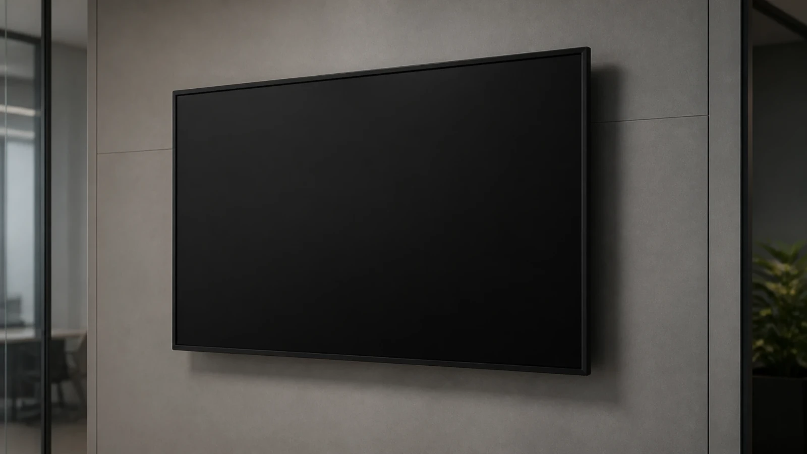Tableau de supervision éteint, écran noir mat, sur un mur de bureau