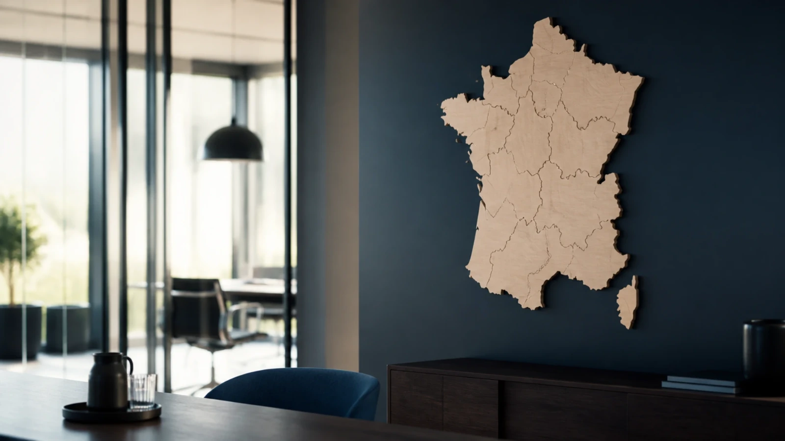 Carte en relief de la France en bois clair accrochée au mur d’un bureau