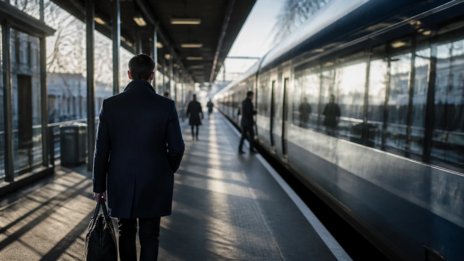 Quai de gare parisien tôt le matin, lumière rasante