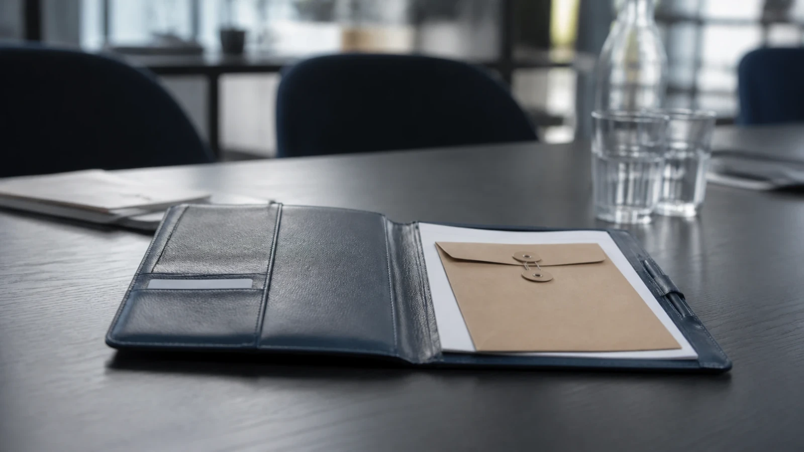 Porte-documents en cuir ouvert sur une table de réunion, une enveloppe kraft fermée posée dessus