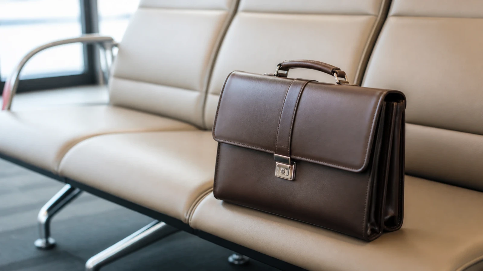 Porte-documents en cuir fermé posé sur une banquette de salle d’attente