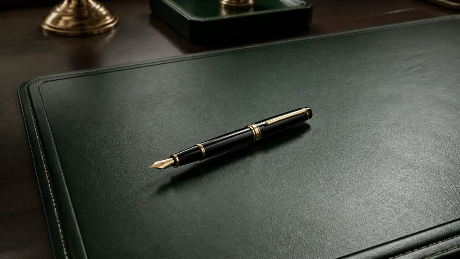 Stylo plume posé en travers d’un sous-main en cuir vert sombre