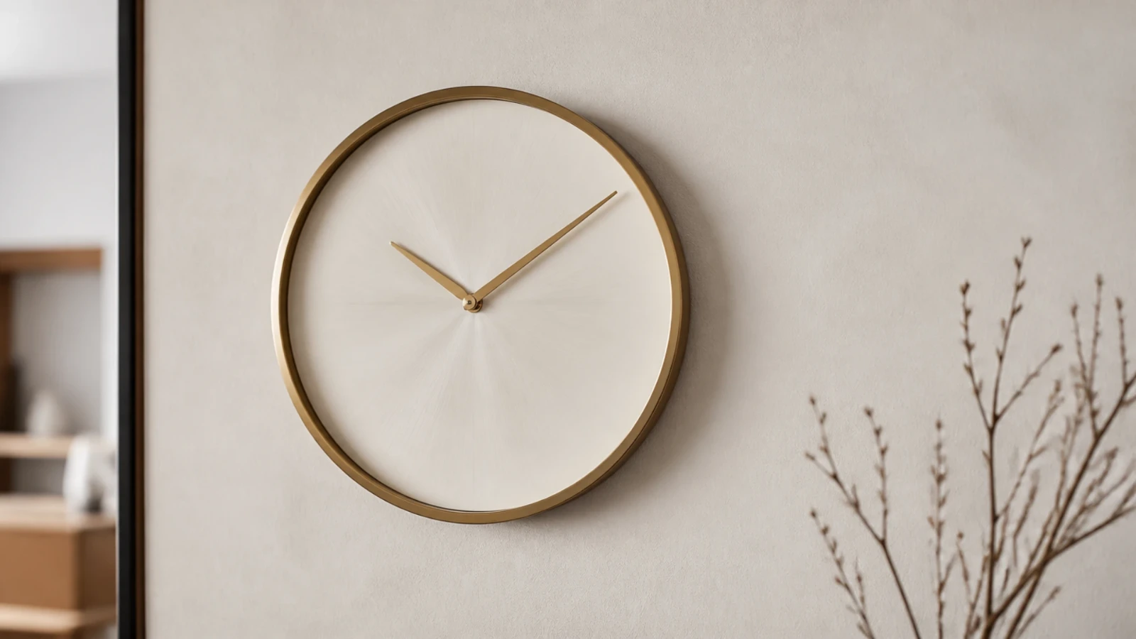 Horloge murale ronde sans chiffre lisible sur un mur de plâtre clair