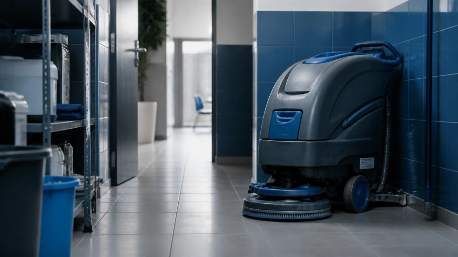 Autolaveuse professionnelle rangée dans un local technique carrelé