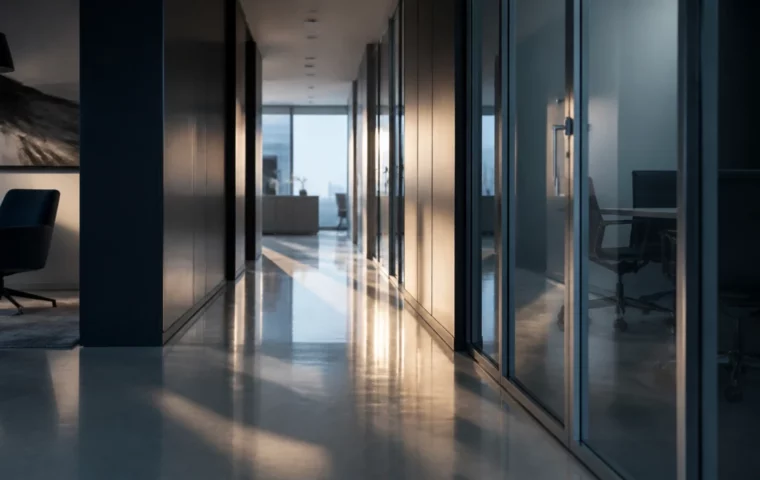 Couloir d’immeuble de bureaux au sol fraîchement lustré, tôt le matin