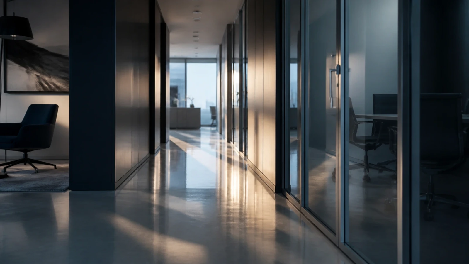 Couloir d’immeuble de bureaux au sol fraîchement lustré, tôt le matin