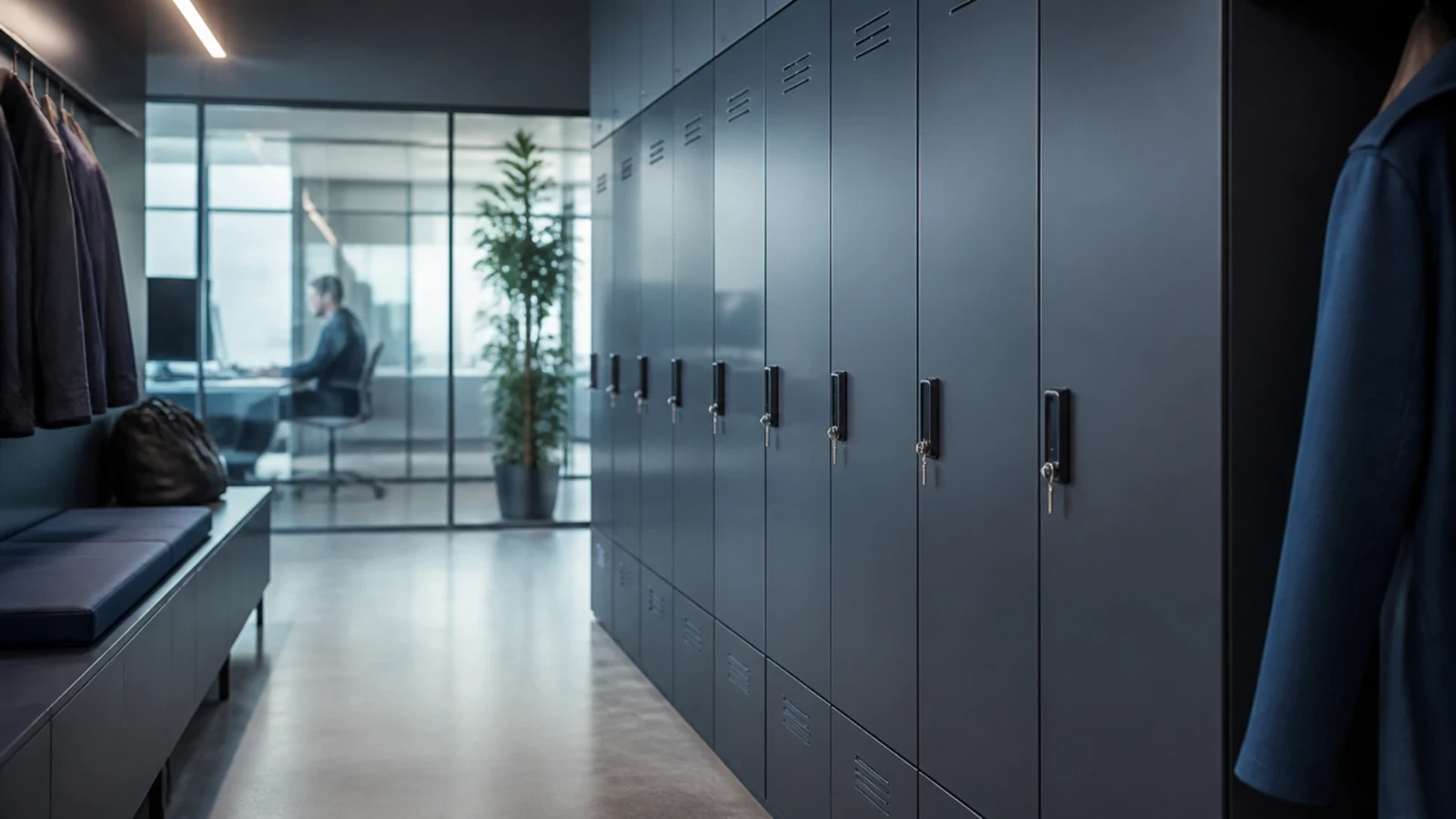 Vestiaire d’entreprise avec des casiers métalliques fermés, alignés