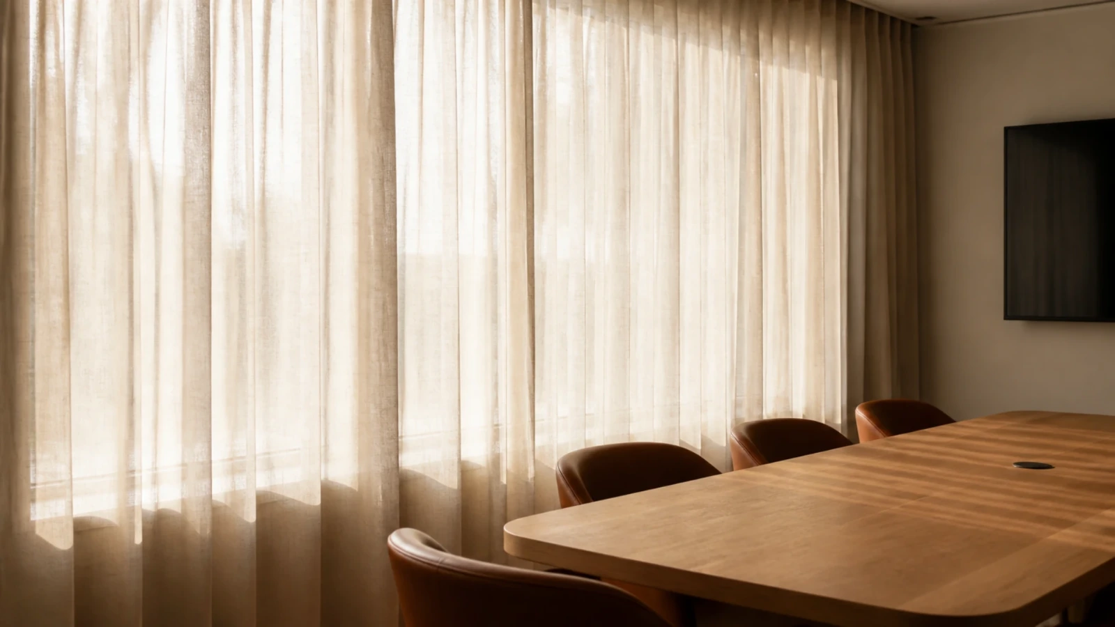 Rideau de lin écru filtrant la lumière devant une table de réunion en bois