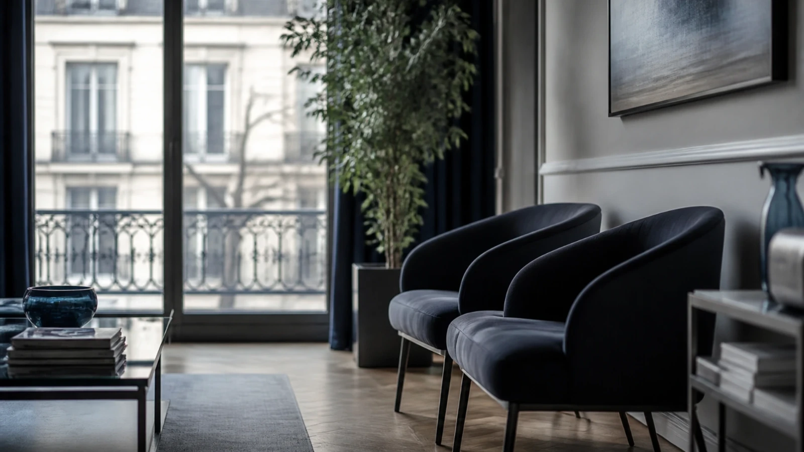 Salle d’attente sobre d’un cabinet de conseil, fauteuils alignés devant une grande fenêtre