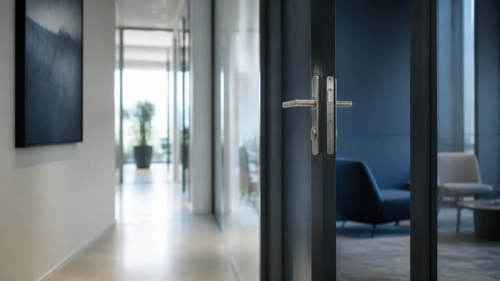 Porte vitrée de bureau entrouverte sur un couloir clair