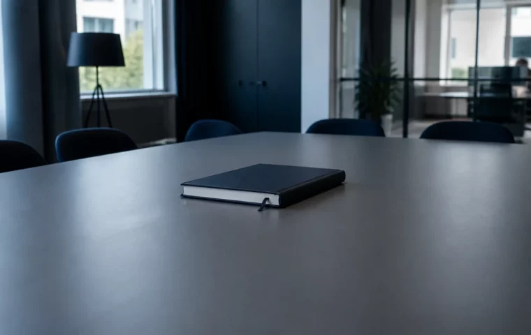 Registre relié fermé posé au centre d’une grande table vide