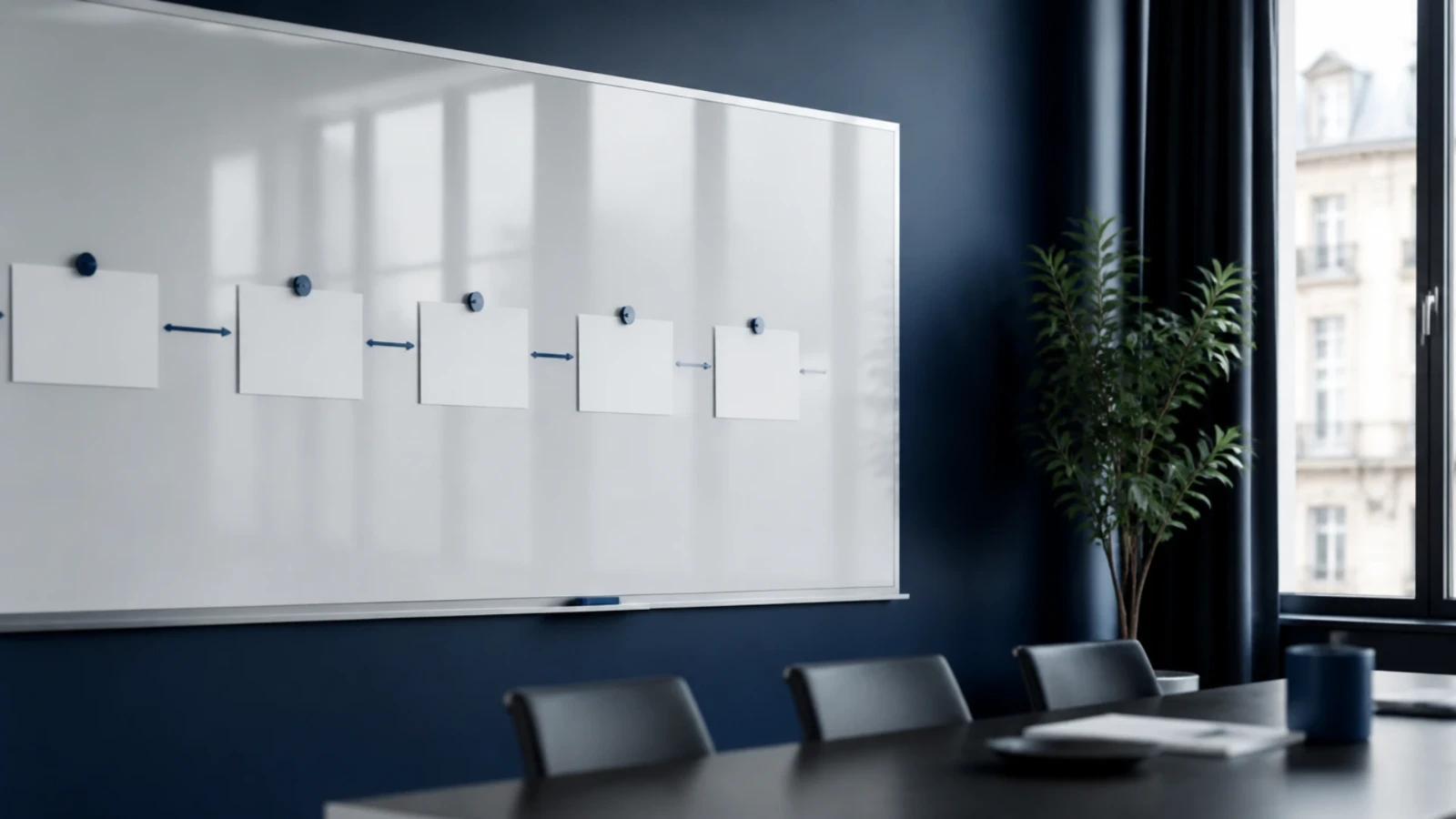 Fiches cartonnées vierges alignées par des aimants sur un tableau blanc de salle de réunion