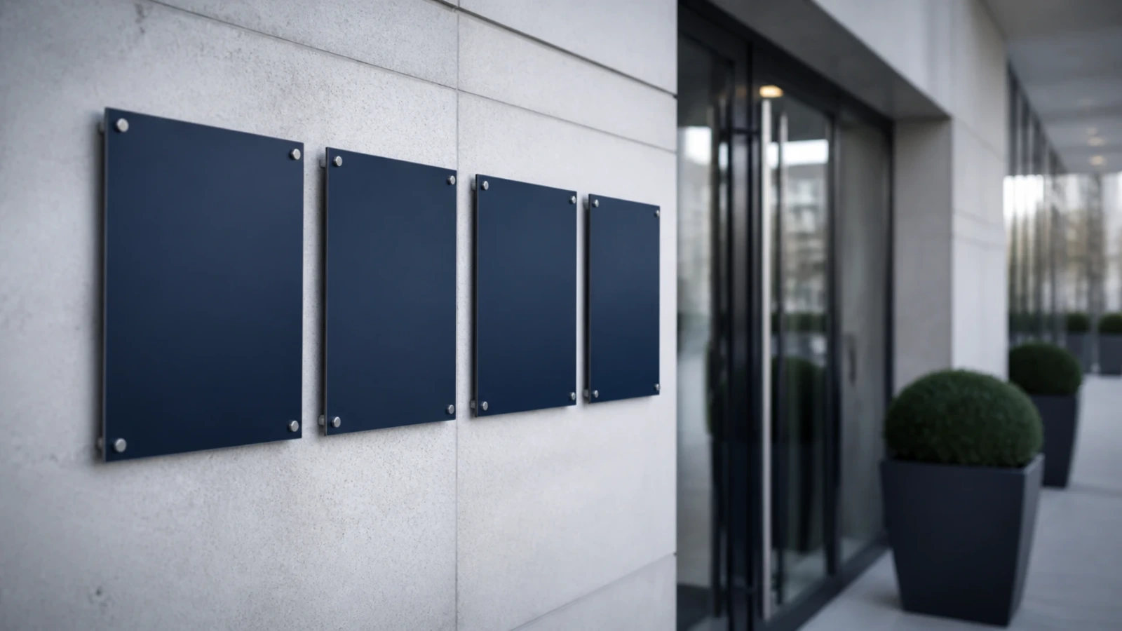 Rangée de plaques professionnelles vierges sur un mur d’entrée d’immeuble