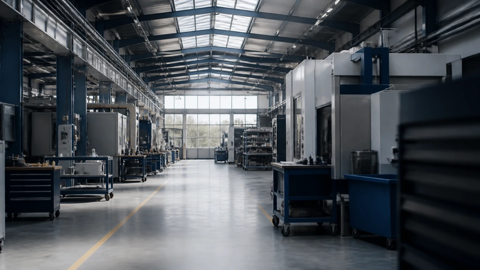 Atelier industriel à l’arrêt en fin de journée, machines propres et rangées sous un éclairage zénithal