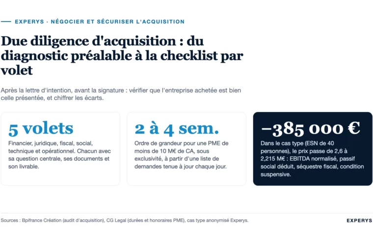 Carte de synthèse : due diligence d’acquisition, cinq volets, délai et effet sur le prix