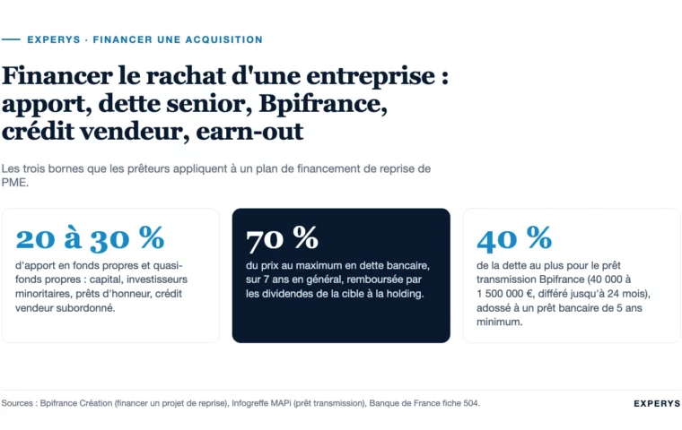 Carte de synthèse : financer le rachat d’une entreprise, apport, dette bancaire et prêt Bpifrance