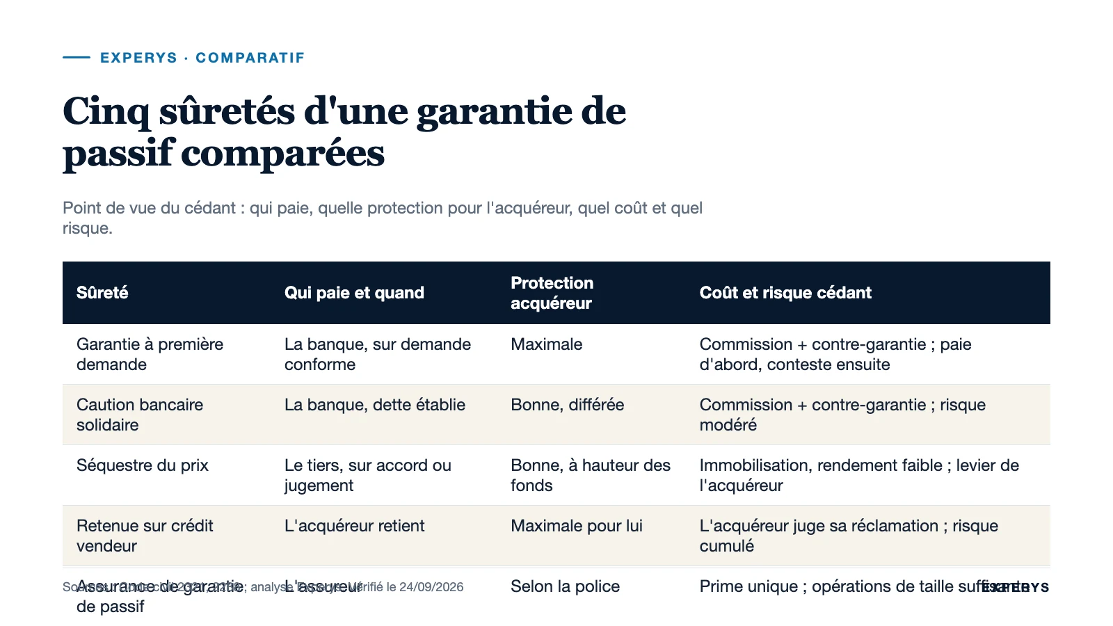 Tableau comparatif des sûretés d'une garantie de passif selon la protection, le coût et le risque