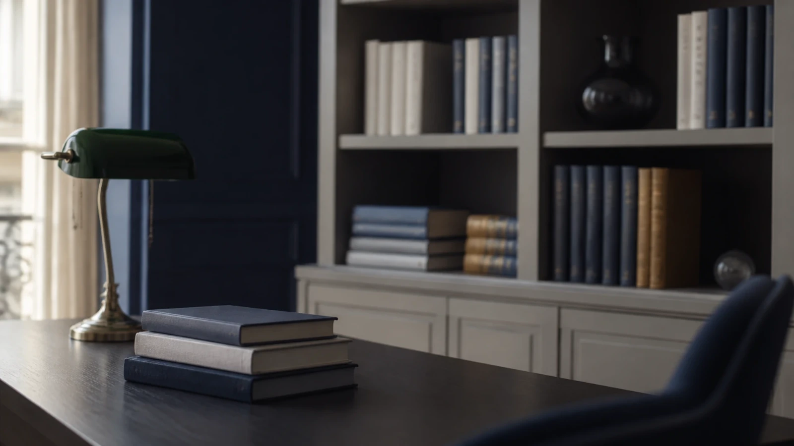Table de bibliothèque avec une lampe verte et des ouvrages fermés