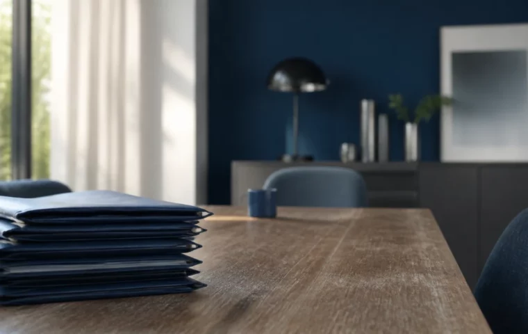 Chemises administratives fermées empilées sur la table en bois massif d’une salle à manger familiale