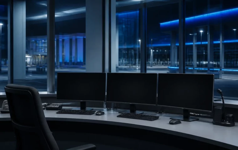 Poste de contrôle de sécurité vide, écrans éteints, éclairage nocturne