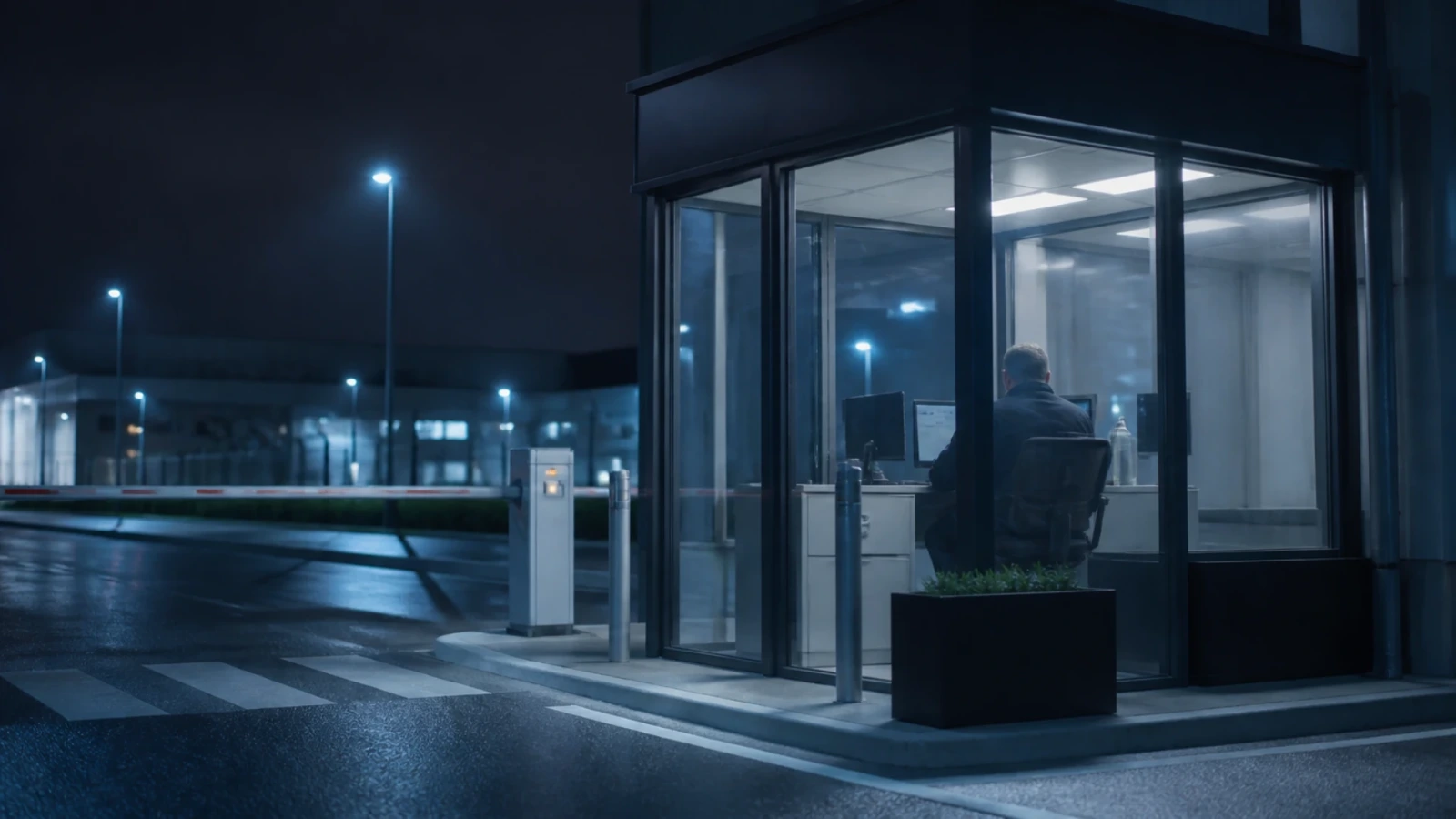 Poste de garde vitré à l’entrée d’un site industriel, la nuit