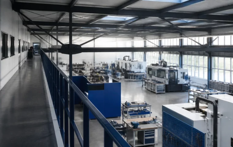 Atelier de production vu depuis une passerelle, postes de travail rangés