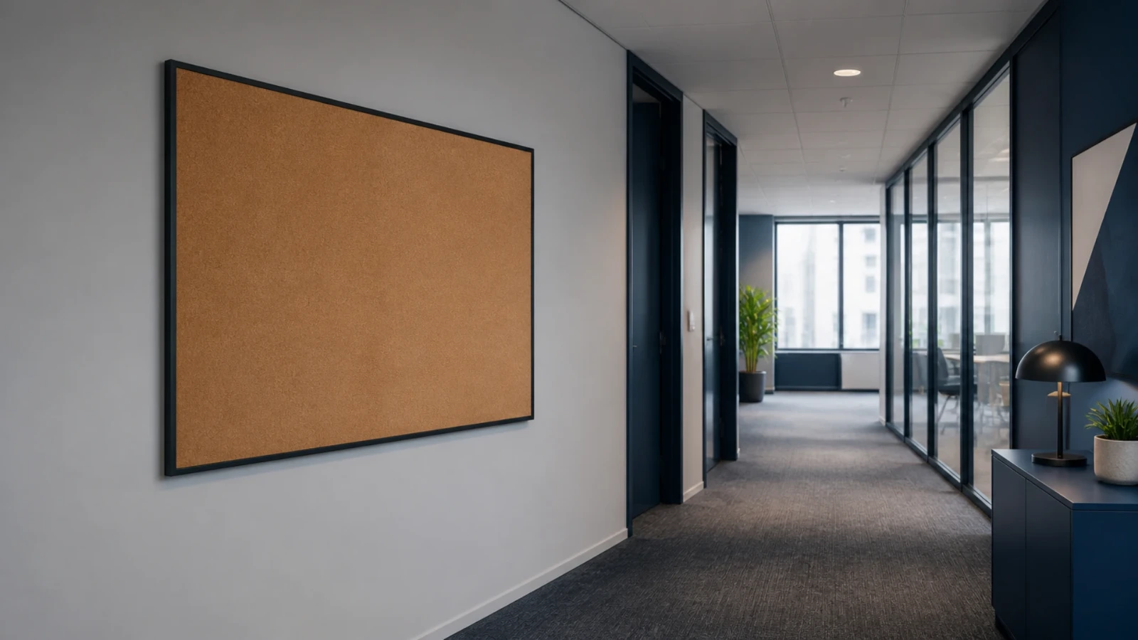 Panneau d’affichage en liège vide dans un couloir d’entreprise