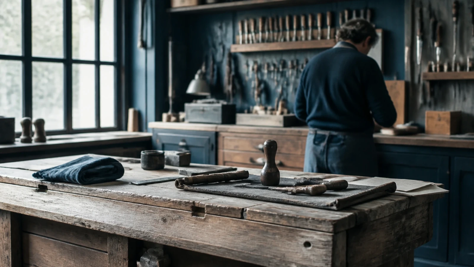 Atelier familial, établi en bois patiné et outils rangés au mur
