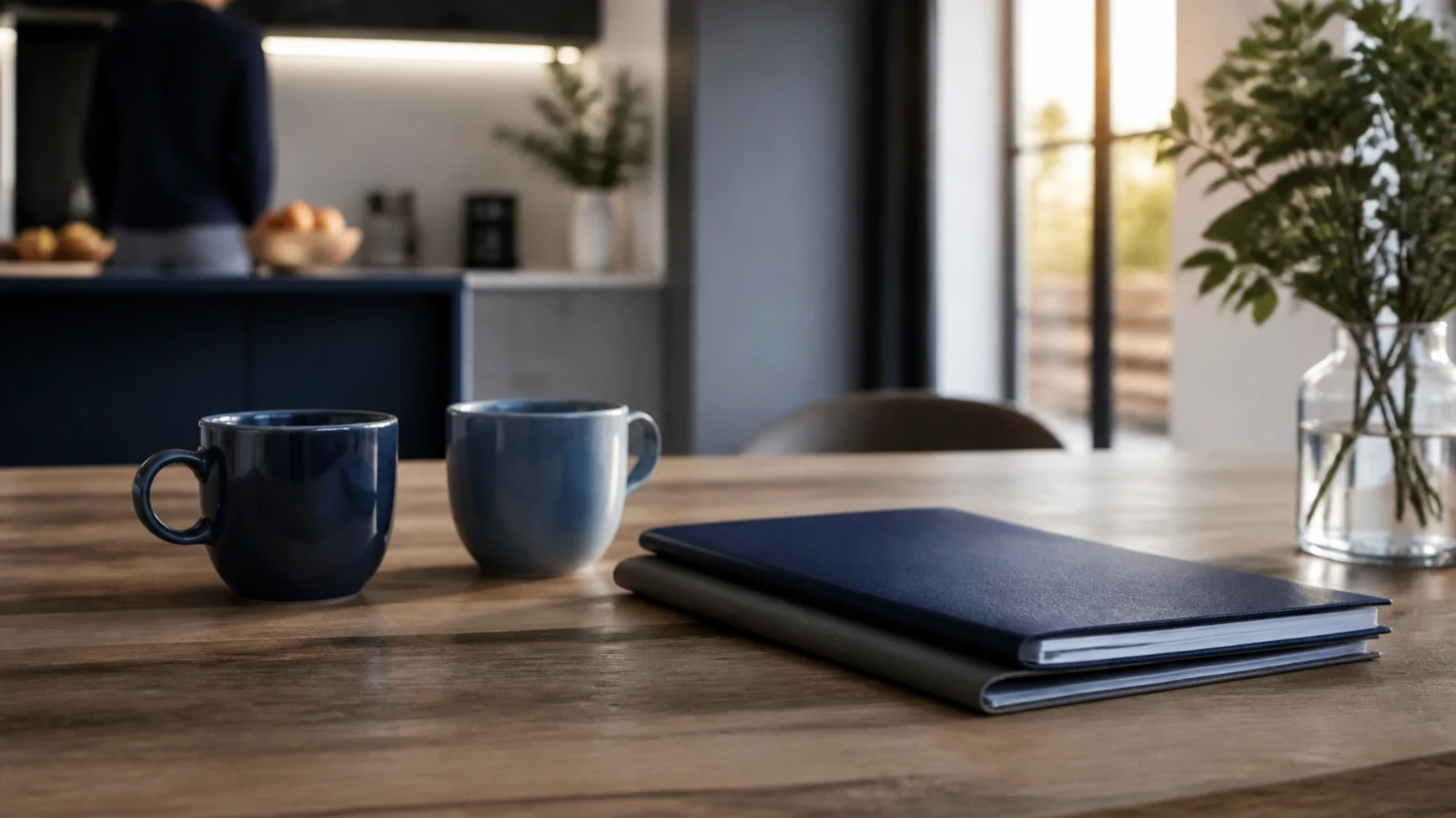 Deux tasses de café et des dossiers refermés sur la table en bois d’une cuisine familiale