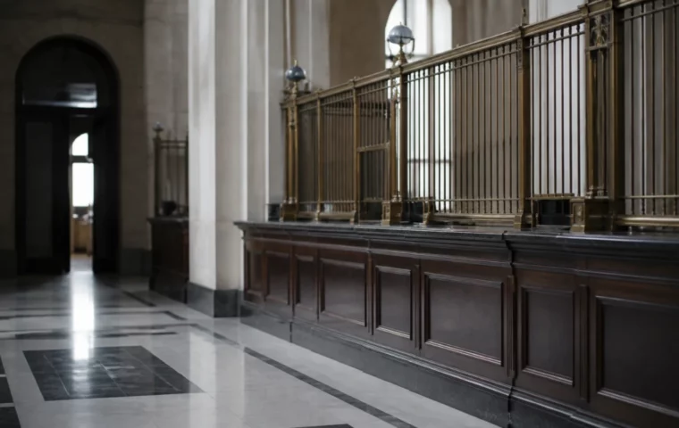 Guichet de banque ancien en bois et laiton, désert, dans un hall au sol de marbre