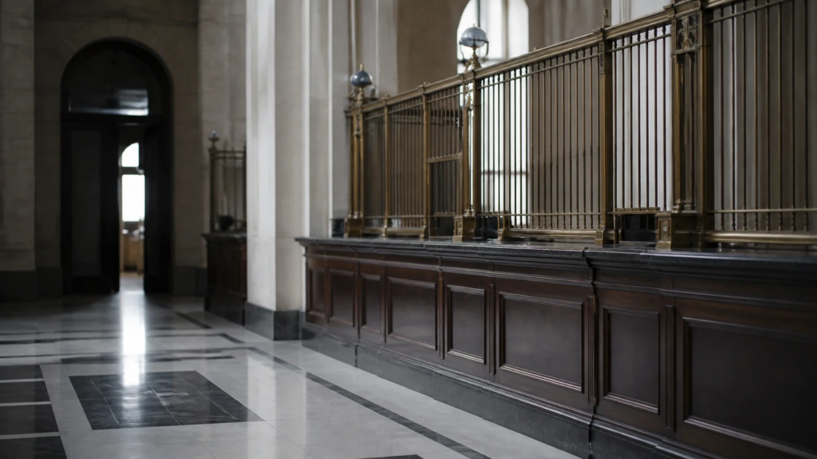 Guichet de banque ancien en bois et laiton, désert, dans un hall au sol de marbre