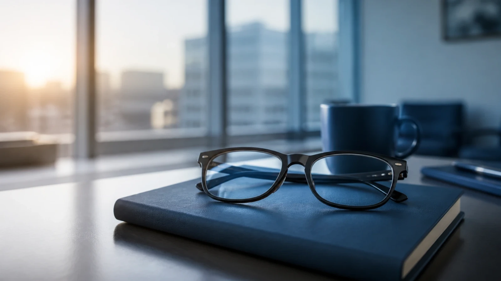 Paire de lunettes de lecture posée sur un agenda fermé près d’une fenêtre